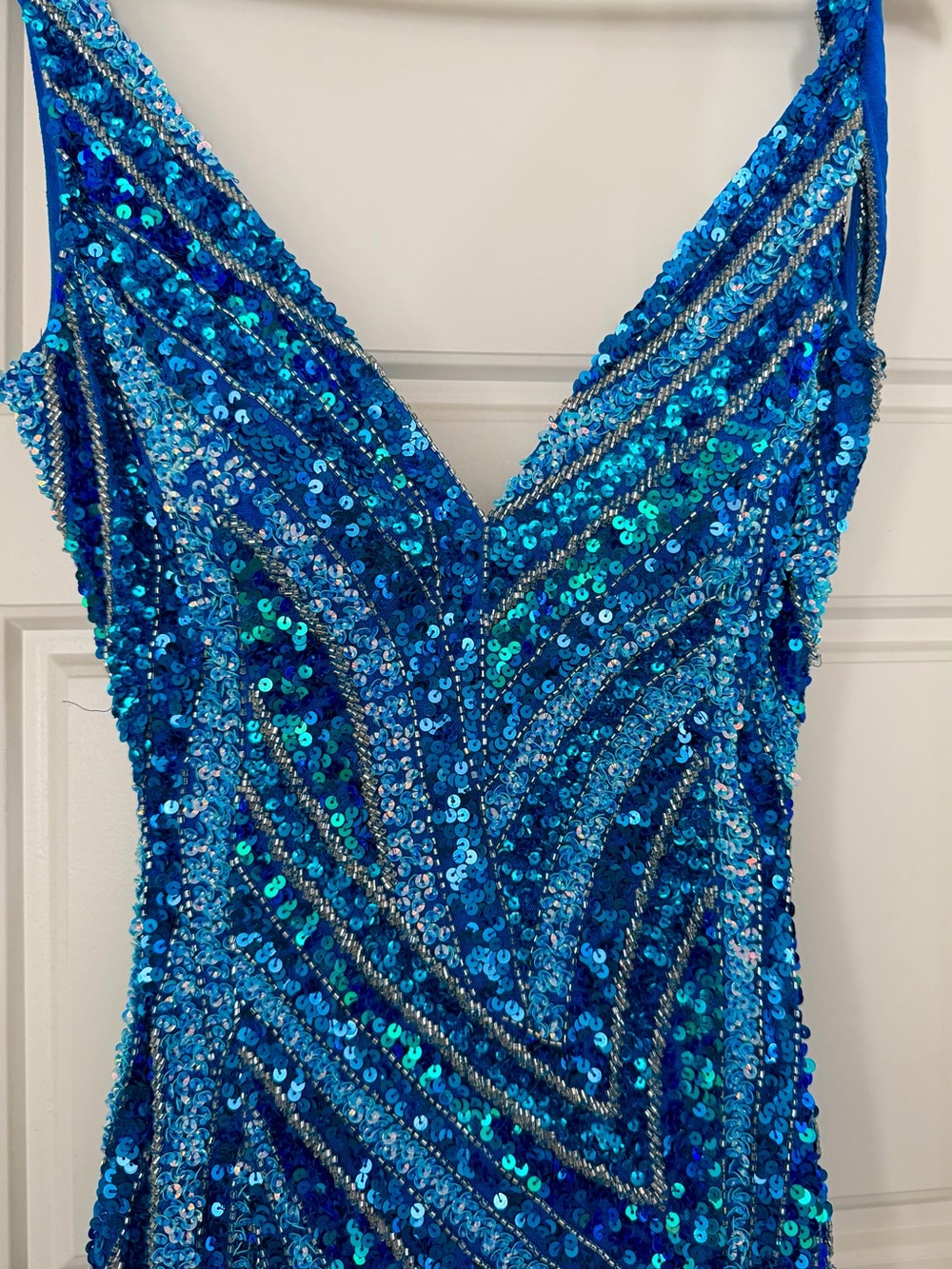 Jovani Blue Sequin V-Neck Prom Dress